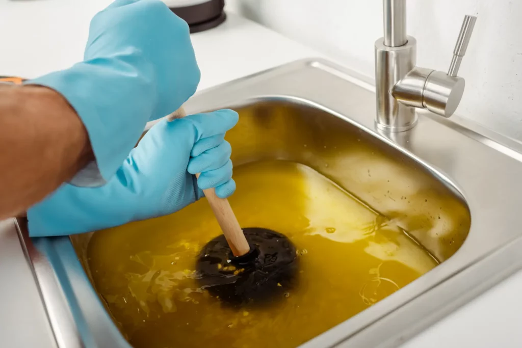 Plumber using plunger in sink full of water to clear what causes blocked drain, showing how to fix a blocked drain and prevent future drain blockages.