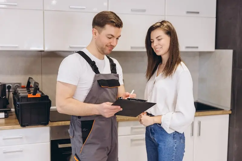 A plumber explaining a written quote to a homeowner, demonstrating transparency in how to hire a good plumber. 