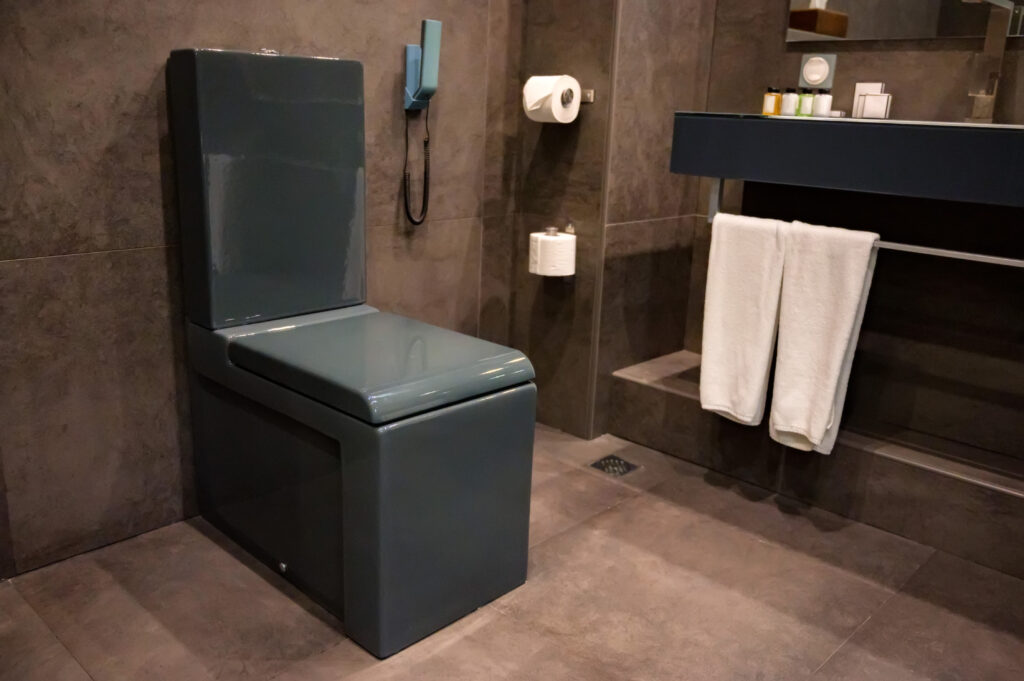 Modern black flush toilet bowl in a minimalist lavatory, highlighting the efficiency and style possible with Sustainable Plumbing Solutions.